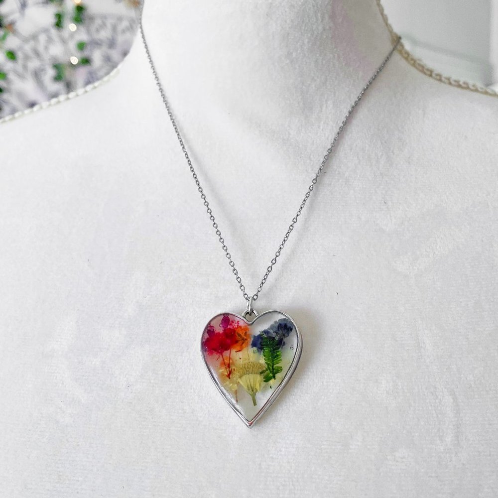 Heart shaped rainbow pride colorful floral botanical resin necklace